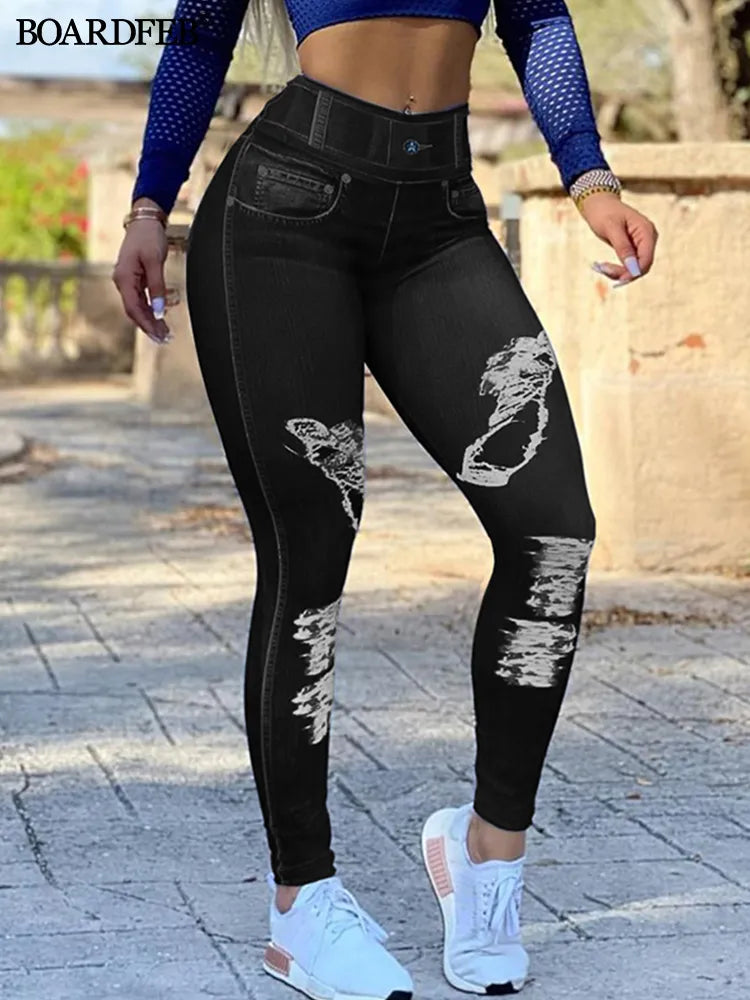 Women Faux Jeans Seamless Butt Lifting Leggings Long Pants Causal High Waist Skinny Solid Yoga Pants Elastic Pencil Tight Pants