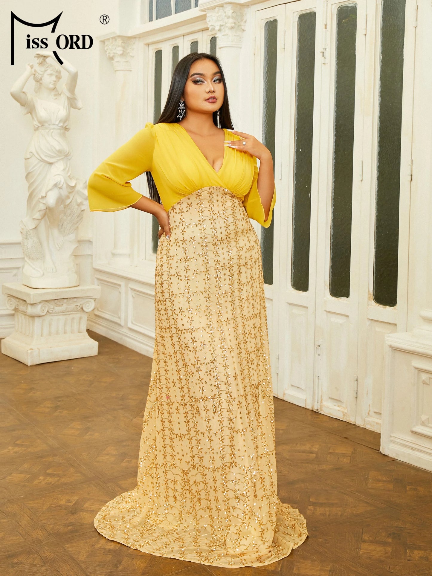 Missord New Plus Size Yellow Women Dress Clothing 4XL Sequin Panel A Line Evening Prom Party Vestidos