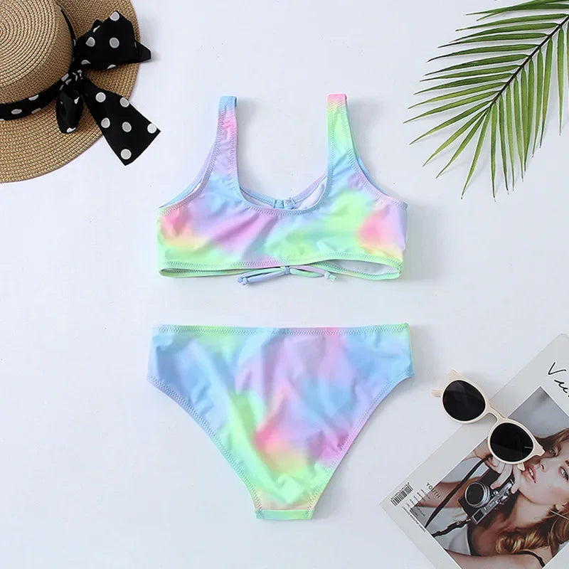 Tie Dye Girls Swimsuit Kids 7-14 Years Two Piece Children's Swimwear Ruched Front Bikini Set Teen Bathing Suit 2024 Beachwear