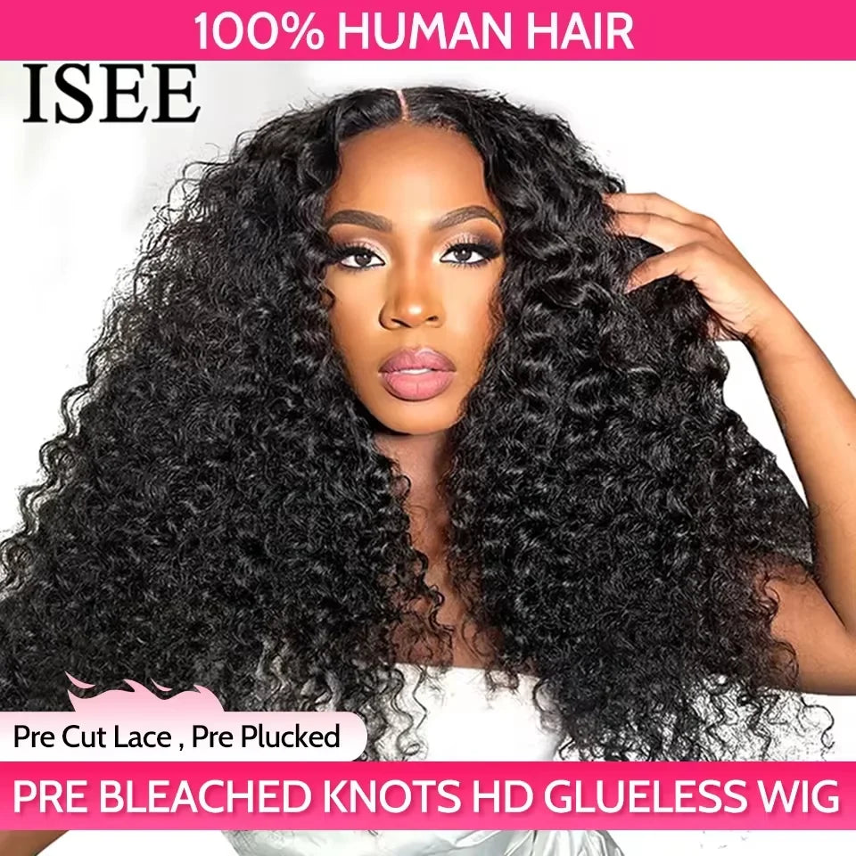 Wear Go Wig ISEE HAIR PreBleached Knots Kinky Curly HD Lace Glueless Human Wigs Ready To Go Pre Cut Lace PrePlucked Hairline Wig