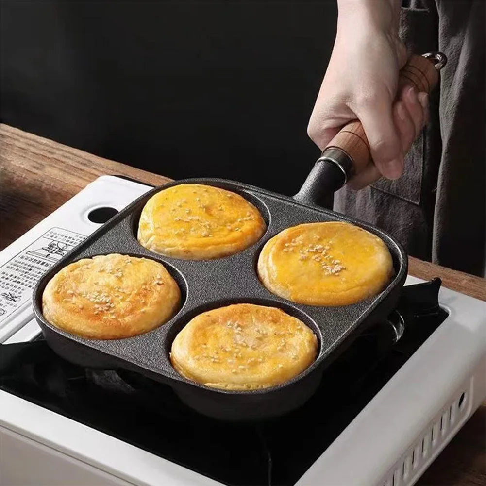 4-Hole Non Stick Cookware Pancake Pan Egg Frying Pan Wooden Handle Hamburg Bread Breakfast Maker for Gas Stove Induction Cooker