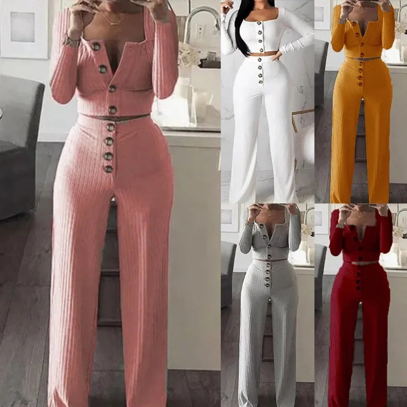 Tracksuit Women 2 Piece Set Long Sleeve Cardigan Slim Button Casual Set Sweater Top+Elastic Waist Pant Knitted Suit Women Coat