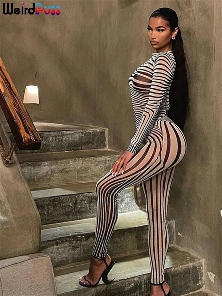 Weird Puss Sexy Mesh Striped 2-Piece Set Women Long Sleeve Crop Top+Skinny Pants Autumn Stretch Matching Trendy Outfit