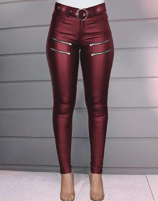 Women's Pants 2023 Summer Fashion Zipper Design High Waist Pu Leather Casual Plain Skinny Daily Long Pants Y2K Streetwear