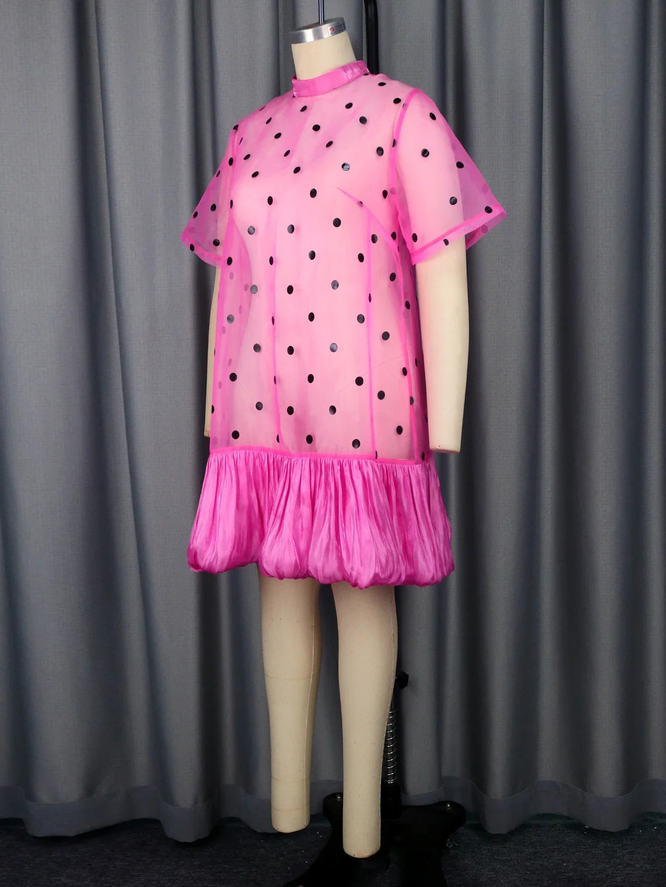 Women Plus Size Fuchsia Polka Dot Sheer Mesh Loose Dress Sexy See Through Ruffle Patchwork Hems Club Night Out Clthings