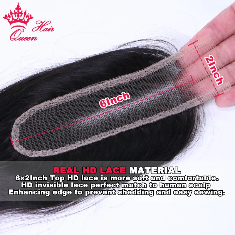 Queen Hair Real HD 2x6 Closure Deep Part Pre Plucked Small Knots Invisible Melt Skin 100% Human Raw Hair Straight / Body Wave