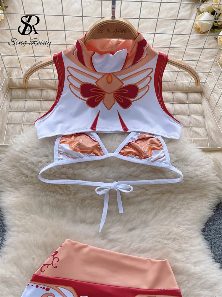 SINGREINY Cosplay Sexy Suits 2023 Sleeveless Mini Top+Short Slim Skirt+Thongs Sheath Print Bikini Sweet Erotic Three Pieces Sets