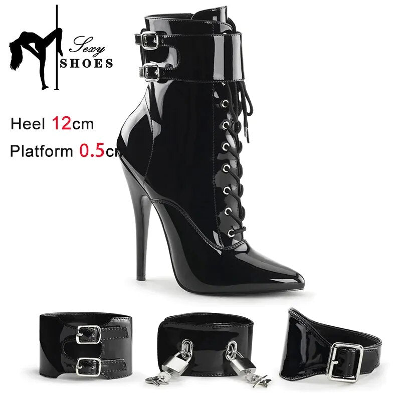 Padlock WESTERN Belt Buckle ANKLE Boots Black Patent Leather Pointed Toe Short Boots Stiletto Heel Zipped Women Polished Shoes