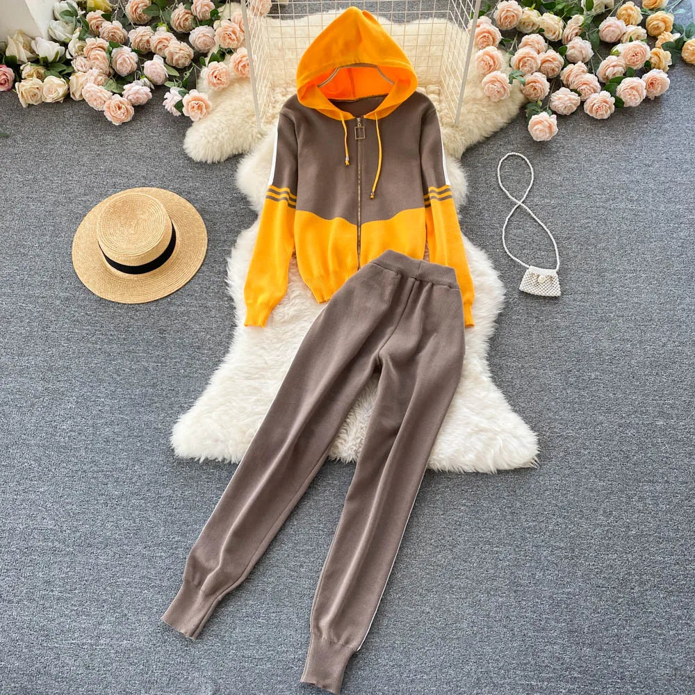 Chic Two-piece Sets Long Casual Pants High Street Patchwork Long Sleeve Hooded Sweater Slim Top Autumn Winter Women Clothing