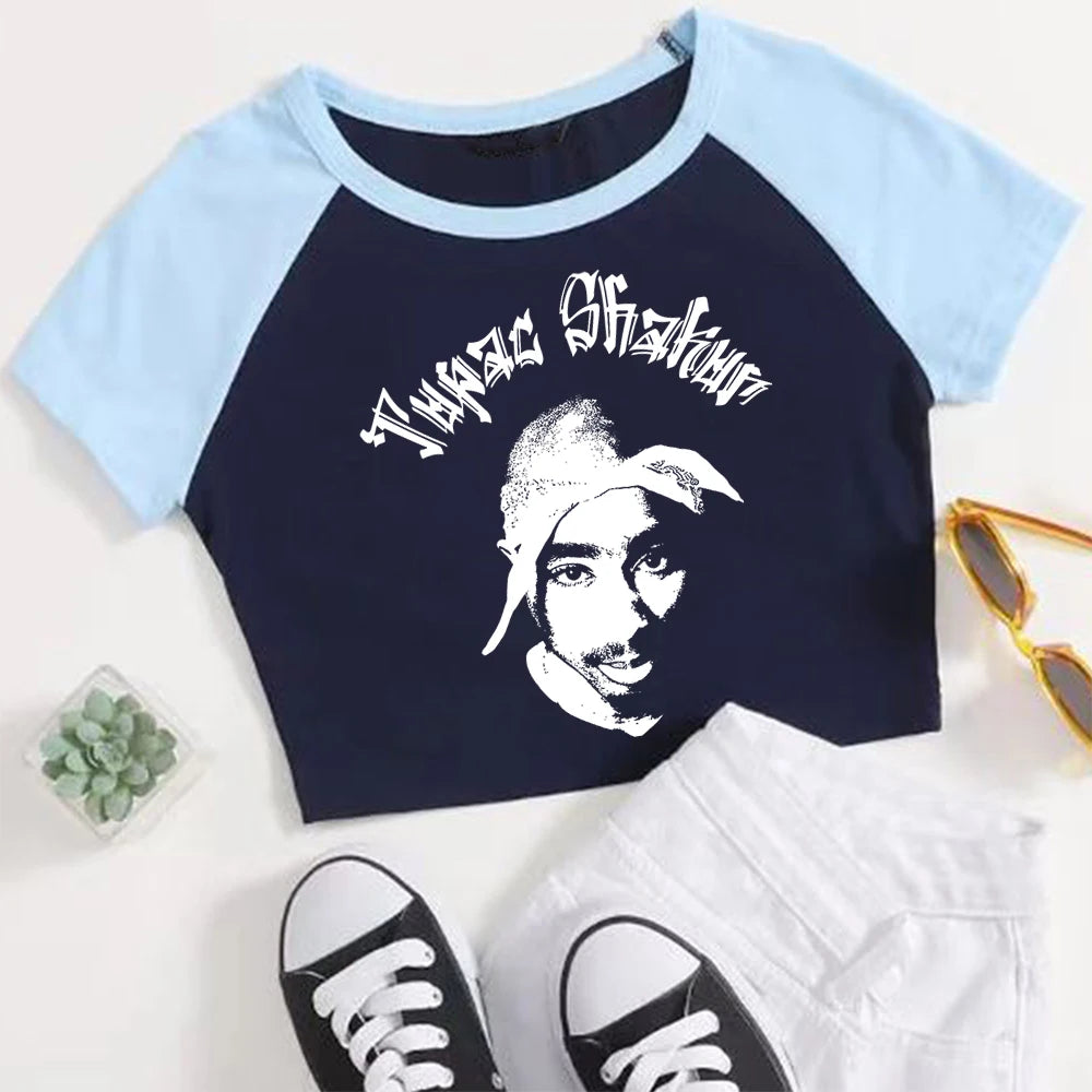 Rapper 2Pac Tupac Graphic T-Shirt Hip Hop Tupac Print Crop T Shirts Summer Short Sleeve Ladies Clothes