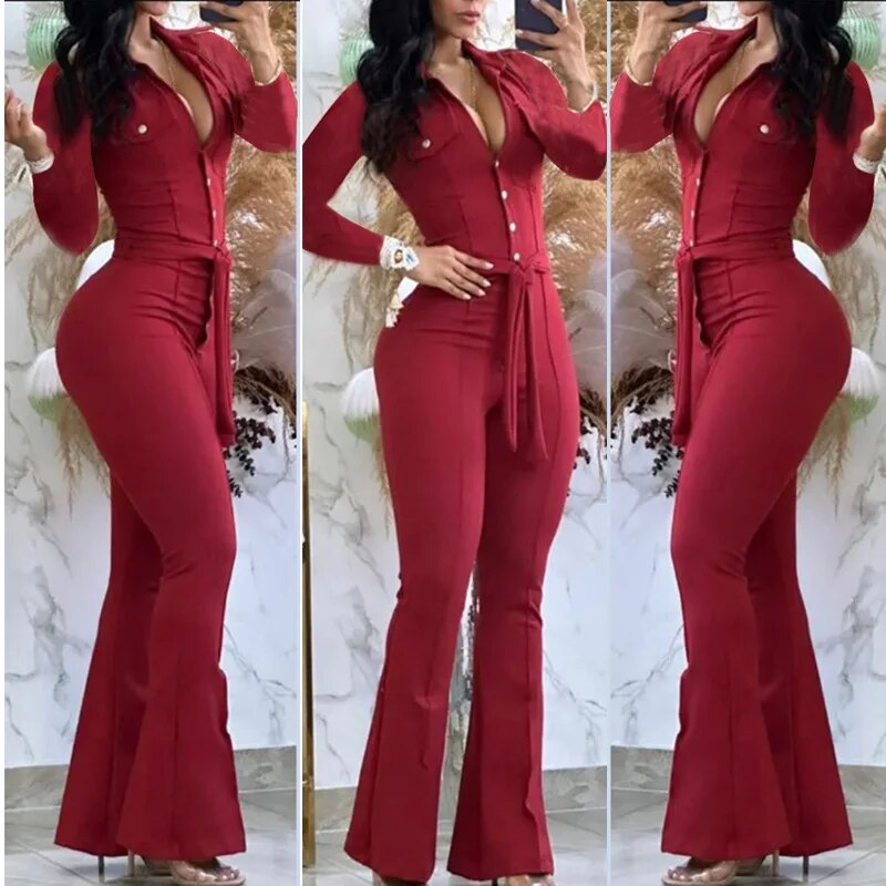 Women Turn Down Collar Sleeveless Flared Jumpsuit Spring Autumn Sleeveless Office Clothes Elegant Sexy Skinny Solid One Piece