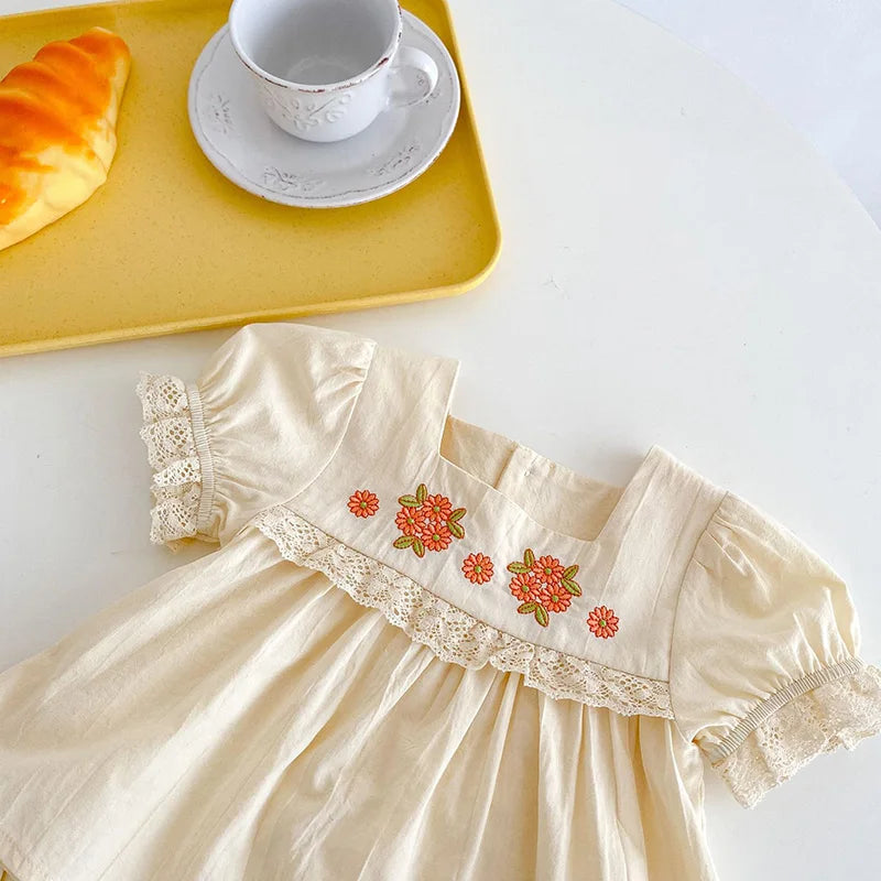 MILANCEL 2024 Summer Baby Clothing Set Flower Embroidery Girls Suits Peter Pan Tee and Shorts Toddler Girls Clothes Set