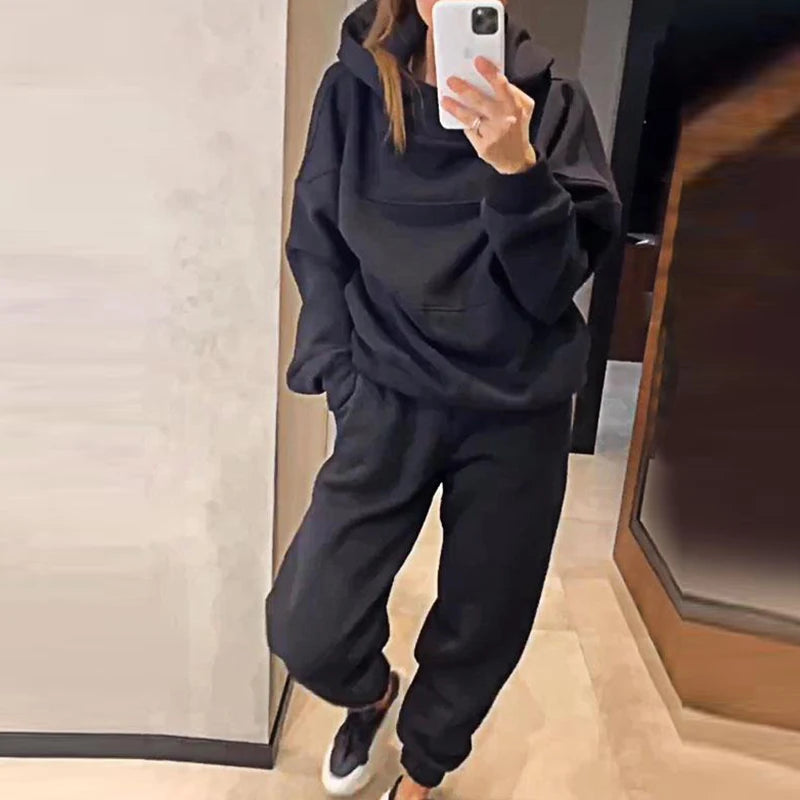 Sportwear 2024 Hooded Long Sleeve Sweatshirt Tops&Pockets Pant Outfit Winter Autumn Thickness Two Piece Women Solid Tracksuit