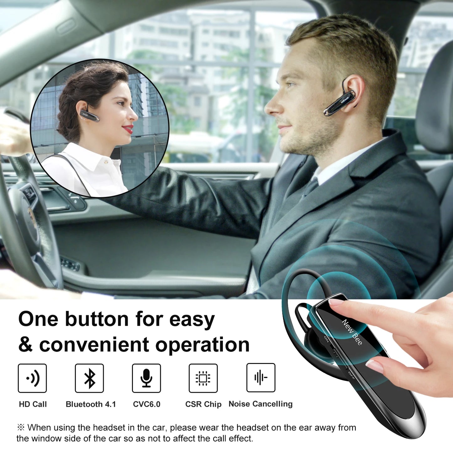 New Bee B41 Bluetooth V5.0 Headset Wireless Headphones Hands-free Earphones 22H Earpiece with CVC6.0 Mic for Business Driving