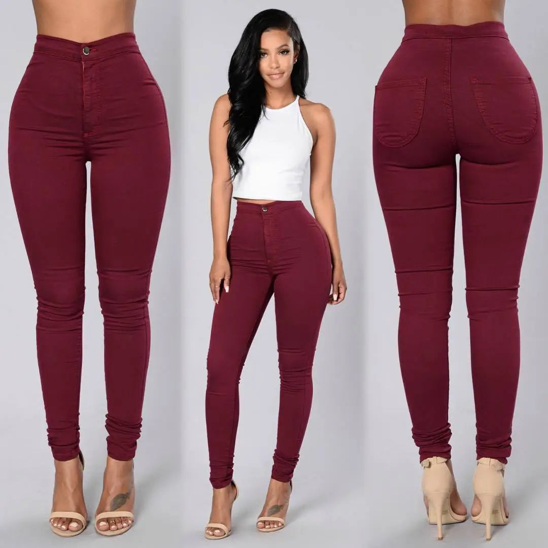 Women's Fashion Plain Color Skinny Jeans Zipper Trousers Casual High Waist Leggings Stretch Push Up Pencil Feet Pants Bottoms