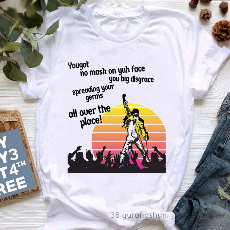 Vintage Freddie Mercury T Shirt Women Clothes 2024 The Queen Band T-Shirt Femme Hip Hop Retro Rock Hipster Tshirt Female Tops