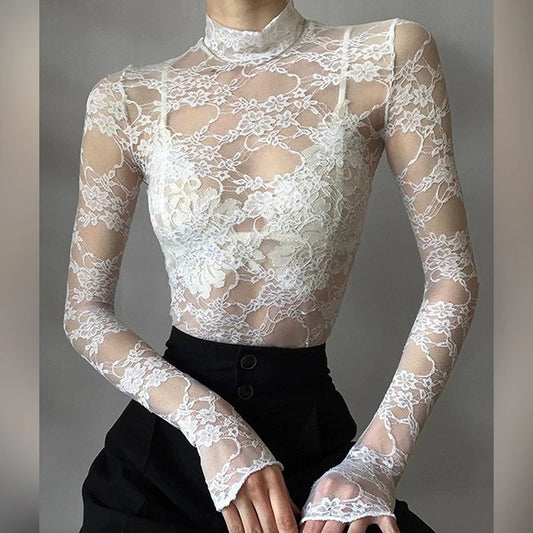 Sexy Tight T-Shirt for Women 2024 White High Neck Long Sleeve Spring/summer New Top Bodysuits Flower Lace Women's Clothes