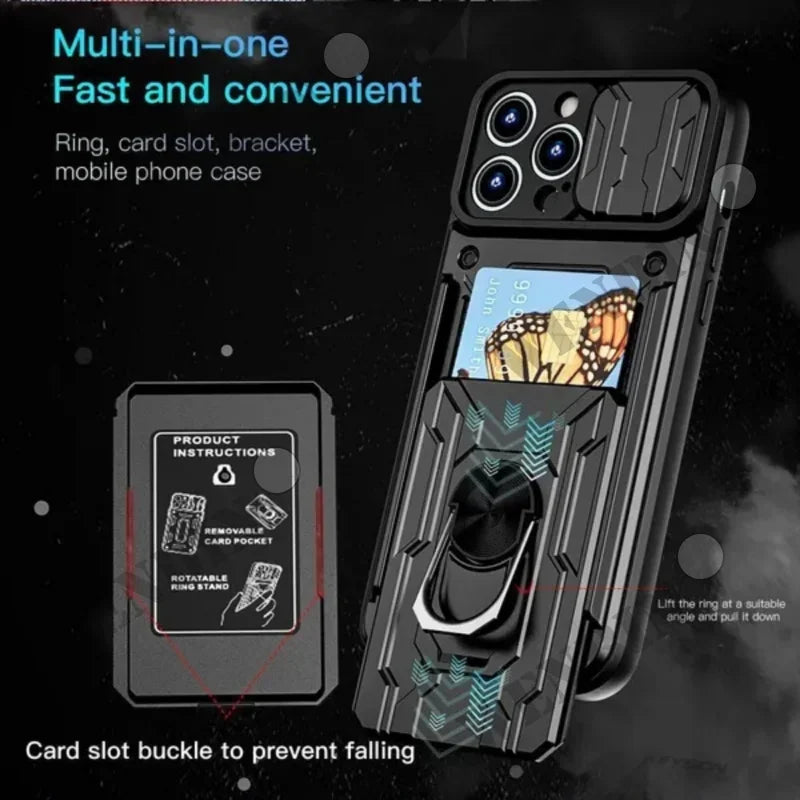 Case For iPhone 15 14 Pro Max 13 12 Pro Max XR X 8 7 Plus SE Slide Stand Ring Camera Military Grade Card Slot Cover