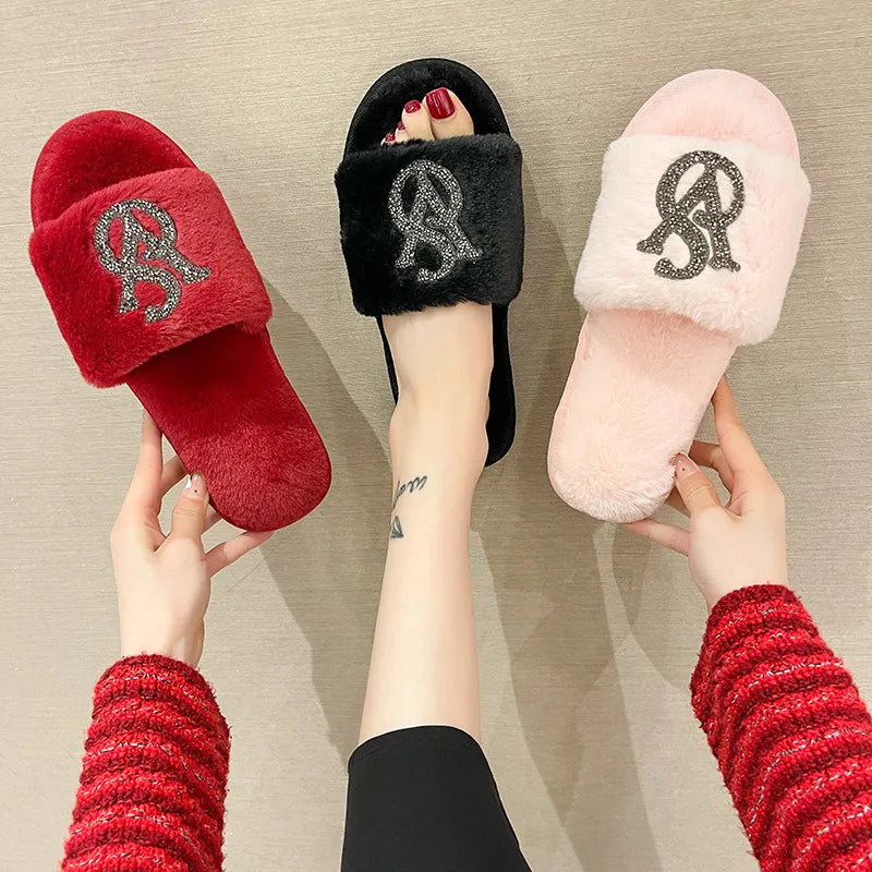 Slippers Women House Slippers Warm Slippers Women Winter Crystal Fur Home Shoes For Women Slippers Casual Plush Comfortable