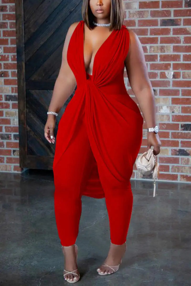 Women Plus Size Jumpsuit Sleeveless Sexy V-Neck Knot Front Solid Streetwear Casual Female Summer Skinny Backless Overall Romper