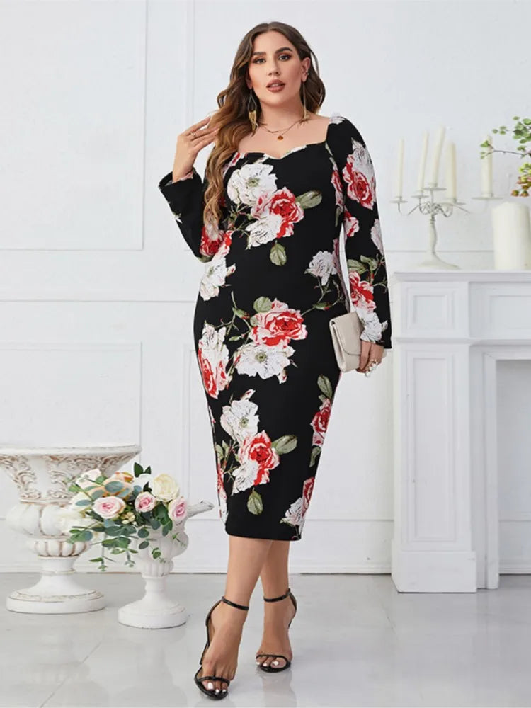 Plus Size Summer Floral Midi Dress Women Flower Print Bodycon Backless Long Sleeve Ladies Dresses Elegant Modis Woman Dress 2023