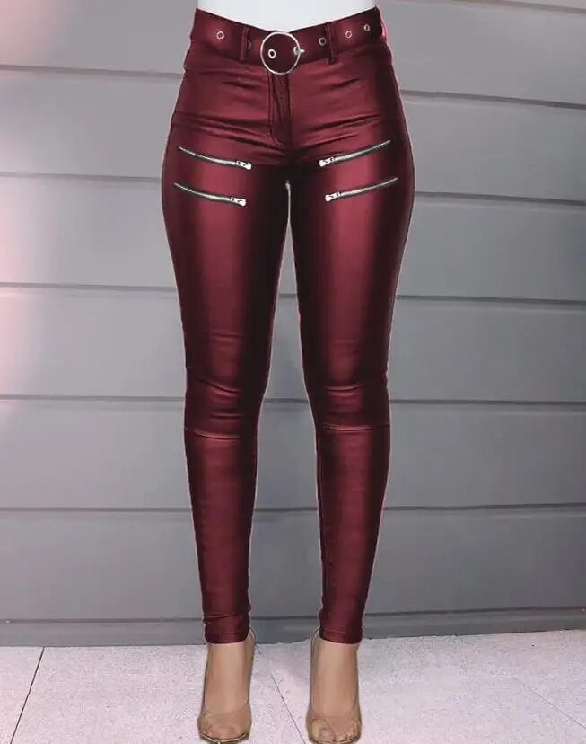 Women's Pants 2023 Summer Fashion Zipper Design High Waist Pu Leather Casual Plain Skinny Daily Long Pants Y2K Streetwear