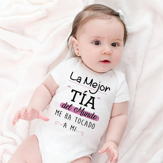 The Best Aunt in The World Spanish Printed Baby Romper Infant Summe Jumpsuit Funny Newborn Short Sleeve Bodysuit Toddler Clothes