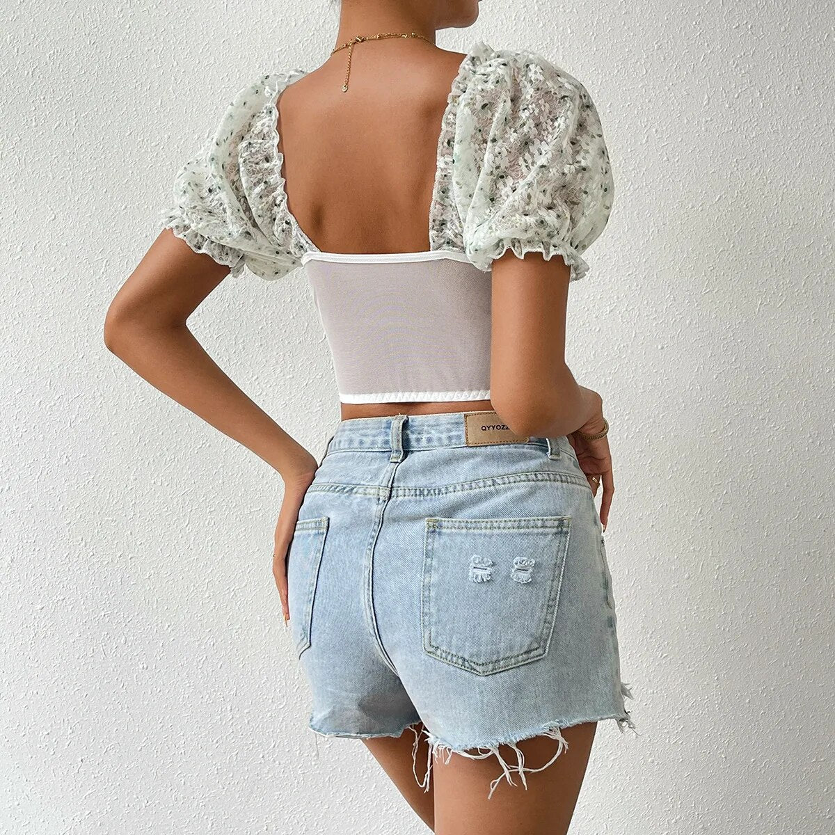 Vemina New Arrivals Fashion Sexy Lace Women Short Sleeve Bodycon Slim Blouse,Street Style Backless Printed Puff Sleeve Crop Top