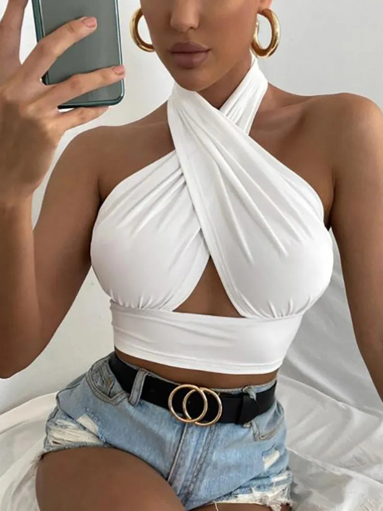 Women Summer Tank Tops Sexy Solid Color Cross Halter Neck Push Up Hollow Crop Tops High Street Wear 2023 New Fashion