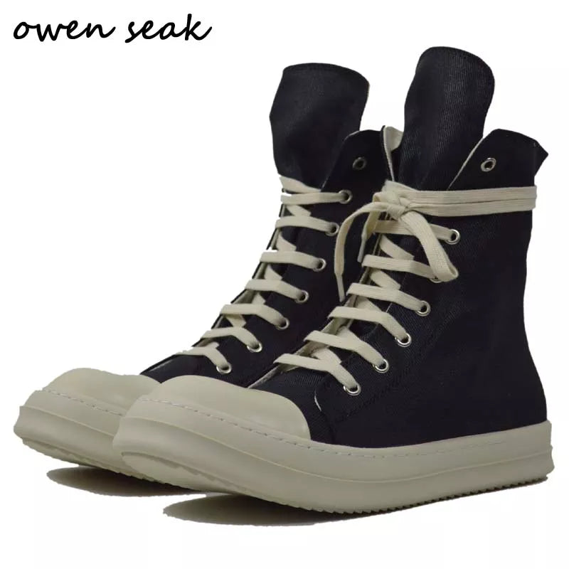 Owen Seak Men Women High-TOP Canvas Shoes Casual Luxury Trainers Lace Up Zip Sneaker Hip Hop Autumn Streetwear Flats Black Boots