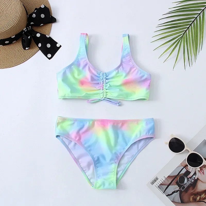 Tie Dye Girls Swimsuit Kids 7-14 Years Two Piece Children's Swimwear Ruched Front Bikini Set Teen Bathing Suit 2024 Beachwear