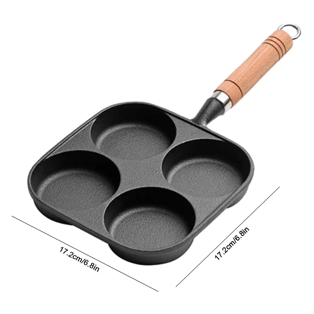 4-Hole Non Stick Cookware Pancake Pan Egg Frying Pan Wooden Handle Hamburg Bread Breakfast Maker for Gas Stove Induction Cooker