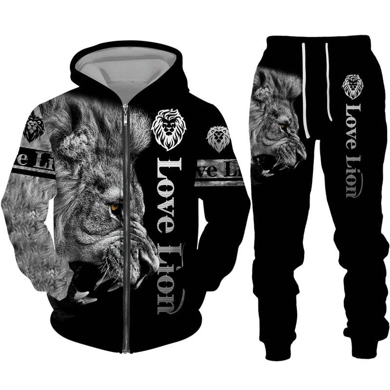 Men's sports zippered hoodie set powerful lion print hoodie set spring and autumn coat outdoor sports clothing  couples sweaters