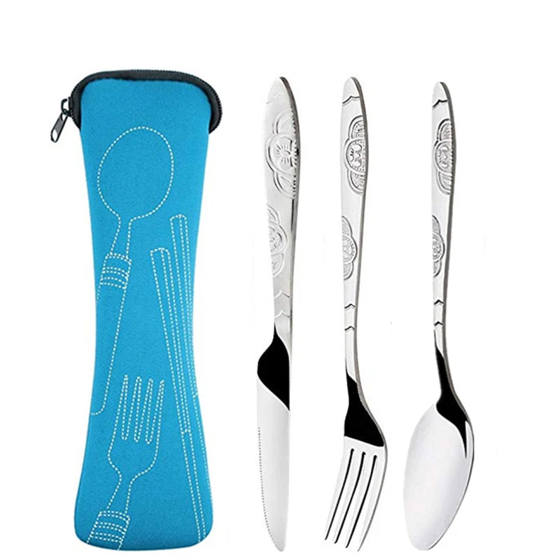 3Pcs/4Pcs/7Pcs Set Dinnerware Portable Printed Knifes Fork Spoon Stainless Steel Family Camping Steak Cutlery Tableware with Bag