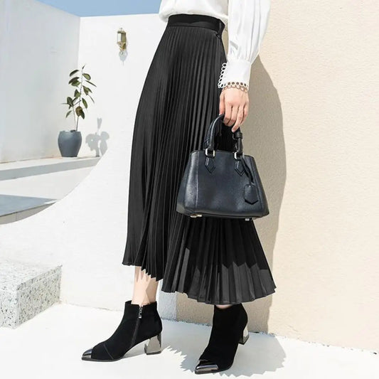 Women Vintage Midi Skirt Wide Elastic Waistband High Waist Pleated A-Line Skirt Solid Color Smooth Satin Long Skirt