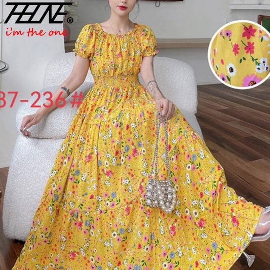 THHONE Vestidos Robe Maxi Long Dress Women Summer Indian Clothes Bohemian Cotton Linen Floral Short Sleeve Korean Style Casual