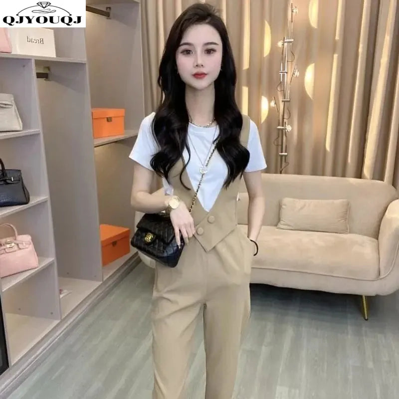 Women's Strap Pants Set 2024 Spring/Summer New Fashion Age Reducing Casual T-shirt Light Mature Style Two Piece Set