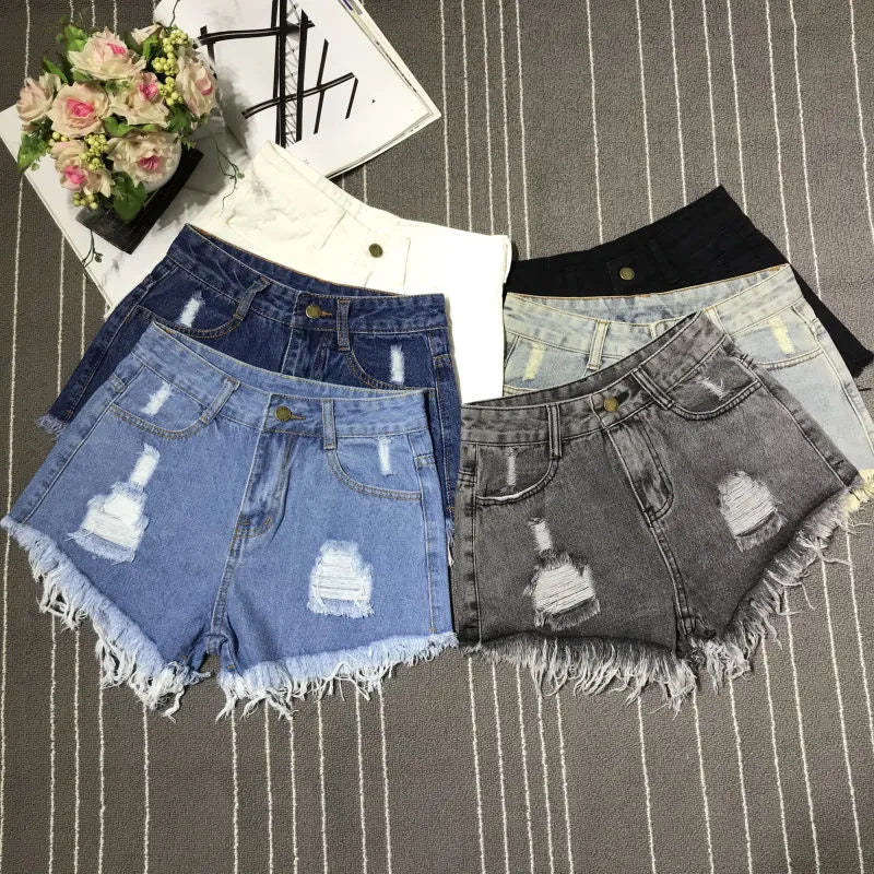 New High Waist Tassel Broken Denim Shorts Female Summer Raw Edge Wide Leg Loose Plus Size Jean Shorts Women