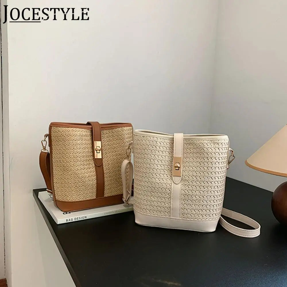 Summer Hand-Woven Handbags PU Stitching Basket Messenger Bag Handmade Fashion Simple Portable Elegant Bucket Bag Crossbody Bag