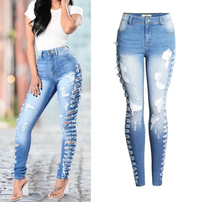 Women Fashion Youth Jeans Europe / America New Hole Slim Stretchy Jeans Pencil Pants Women Full Length Folds Jeans