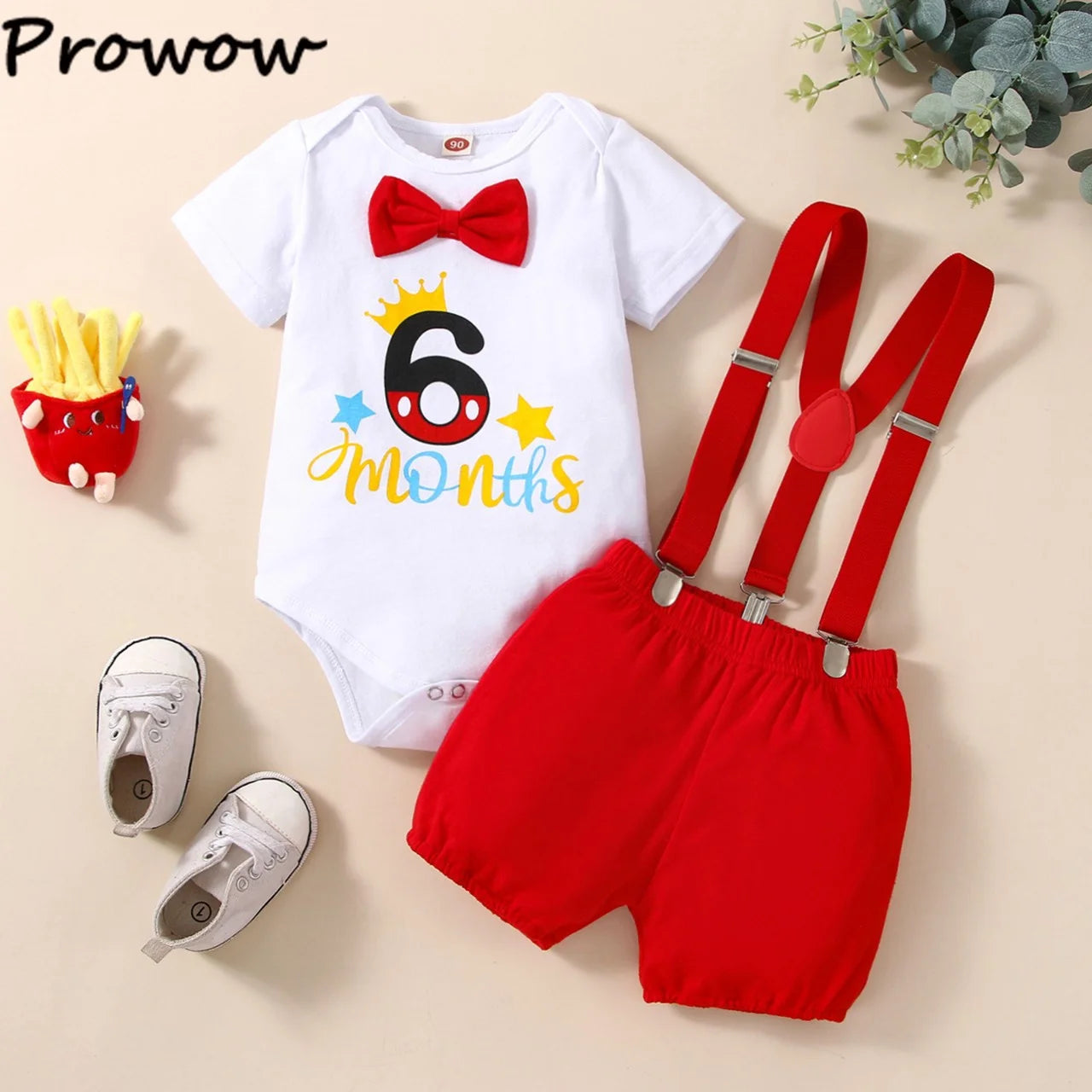 Prowow Half Birthday Clothes Baby Boys Set  Letter Romper+Red Overalls Pants 6 Months Birthday Cake Smash Outfits For Boy