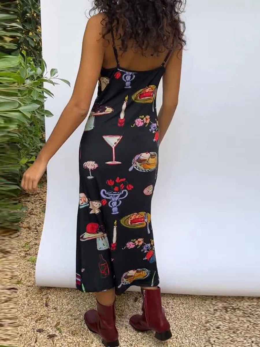 Women Cami Dress Summer Table Collection Print Sleeveless Backless Slip Dresses Midi Bodycon Sundress for Party Streetwear Y2K