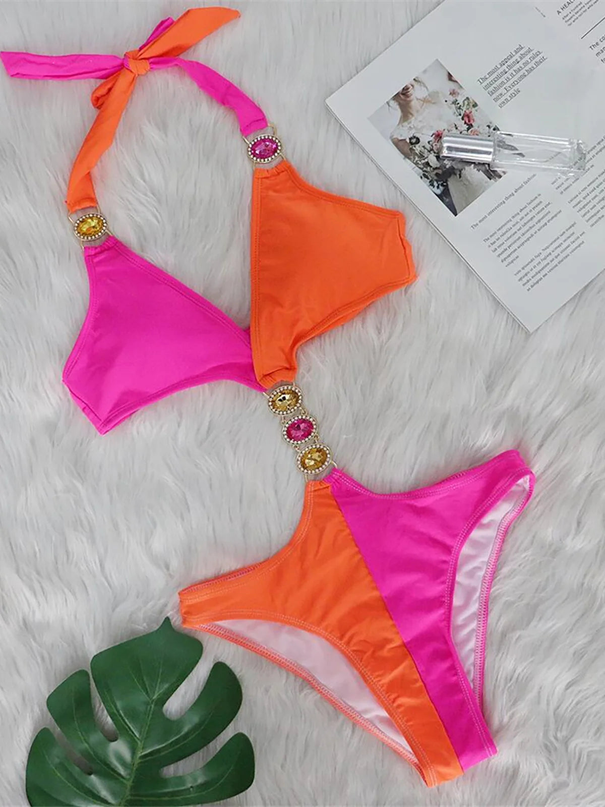 New 5 Colors Diamond Rhinestones Splicing One Piece Swimsuit Women Swimwear Female Halter Cut Out Bather Bathing Suit Swim K5216