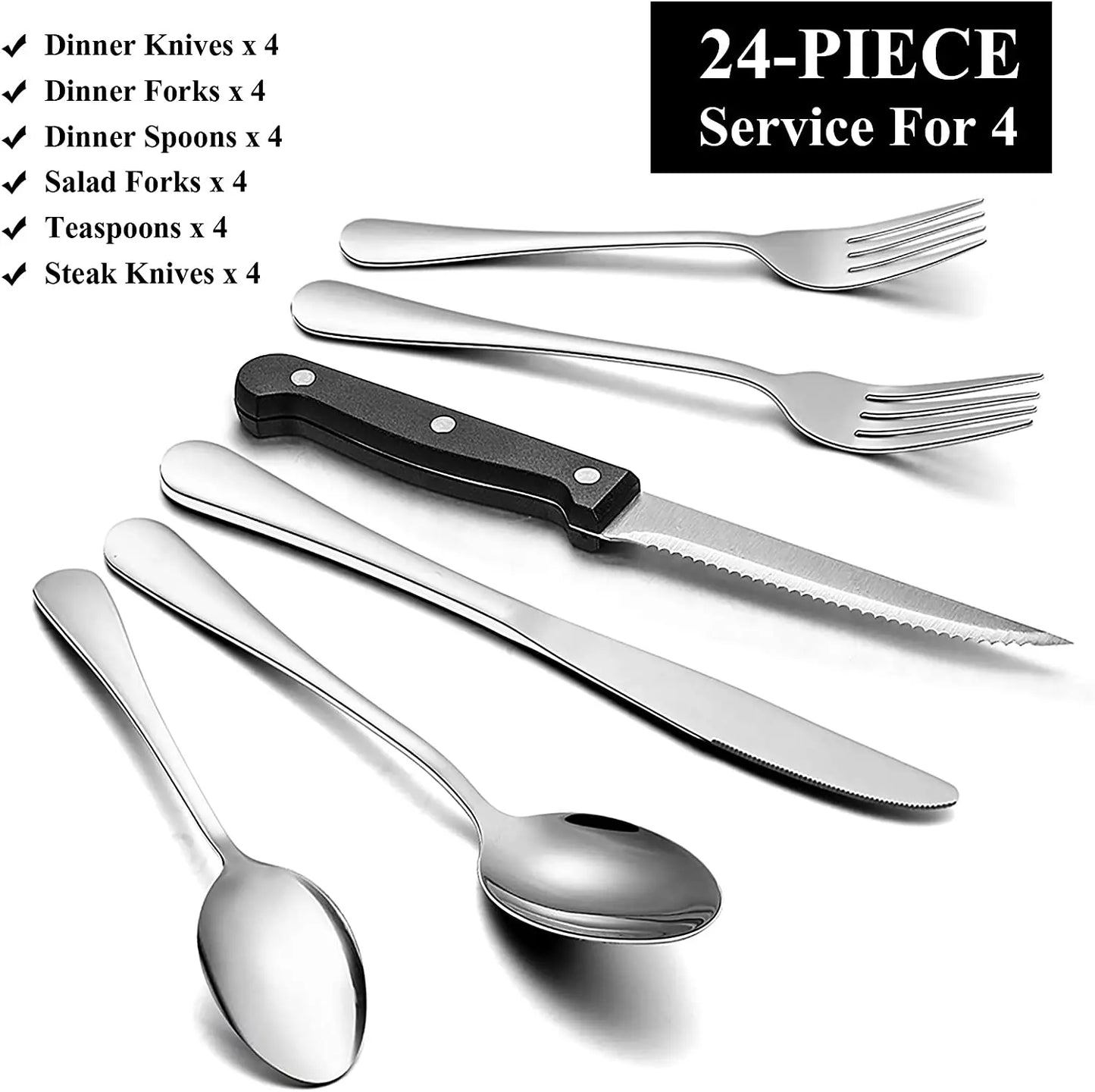 24-Piece Flatware Set with Steak Knives, Stainless Steel Silverware Cutlery Set Service for 4, Tableware Eating Utensils