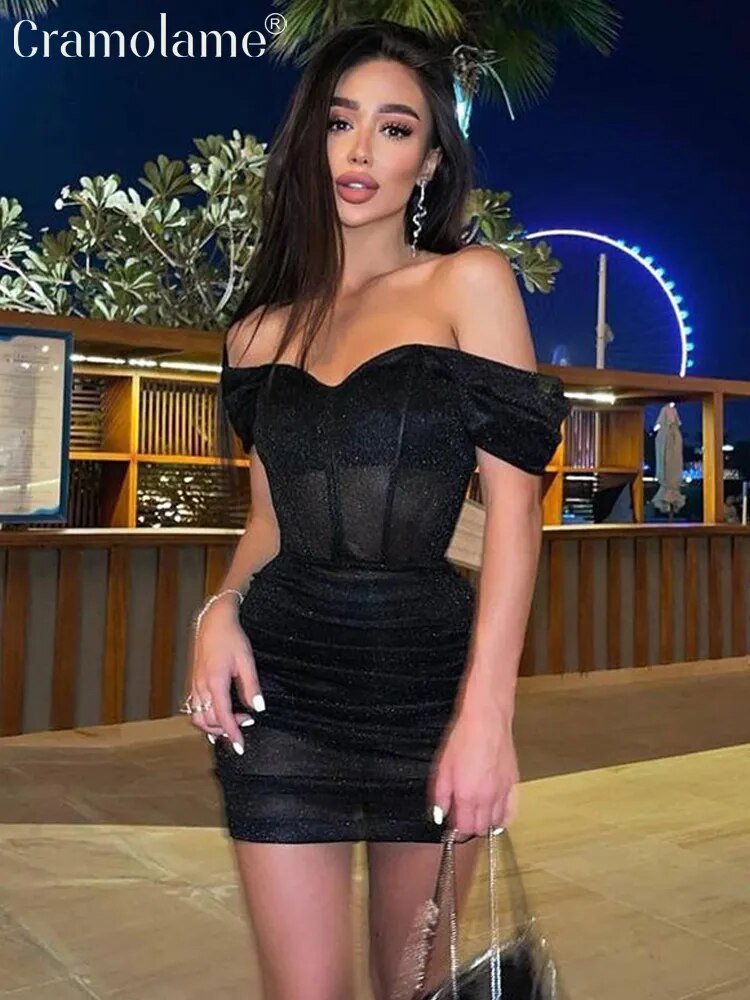 Off Shoulder Short Sleeve Backless Bodycon Mesh Black Mini Dress Women Sexy Party Evening Prom Dresses 2023 Summer Club Outfits