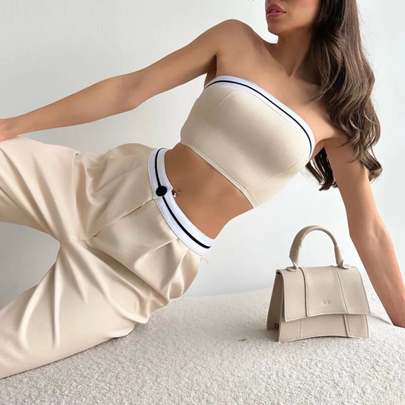 Women's Sexy And Fashionable Pants Set Spring/Summer Spicy Girls Sports Tube Top+High Waist Wide Leg 2 Piece Pant Suit S-2XL