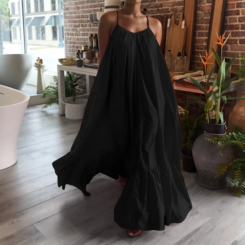 Women Boho Dress Fashion Casual Solid Sleeveless Strap Dress Pocket Loose Backless Big Swing Dress Summer Dress 2023 Vestidos