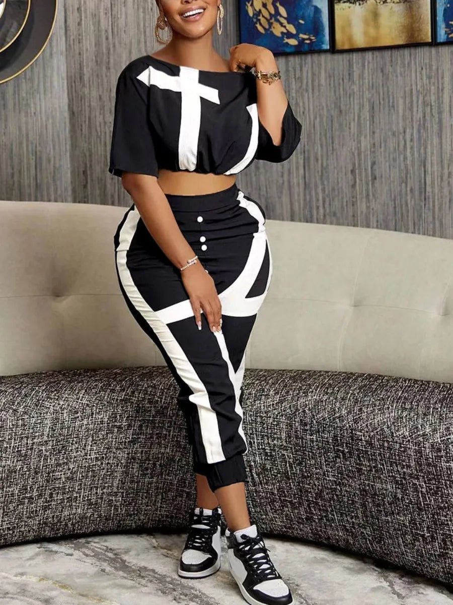 Plus Size 2 Piece Sets Women Tracksuit short sleeve Crop Top + Striped Pants Set Spring summer Casual women matching suit