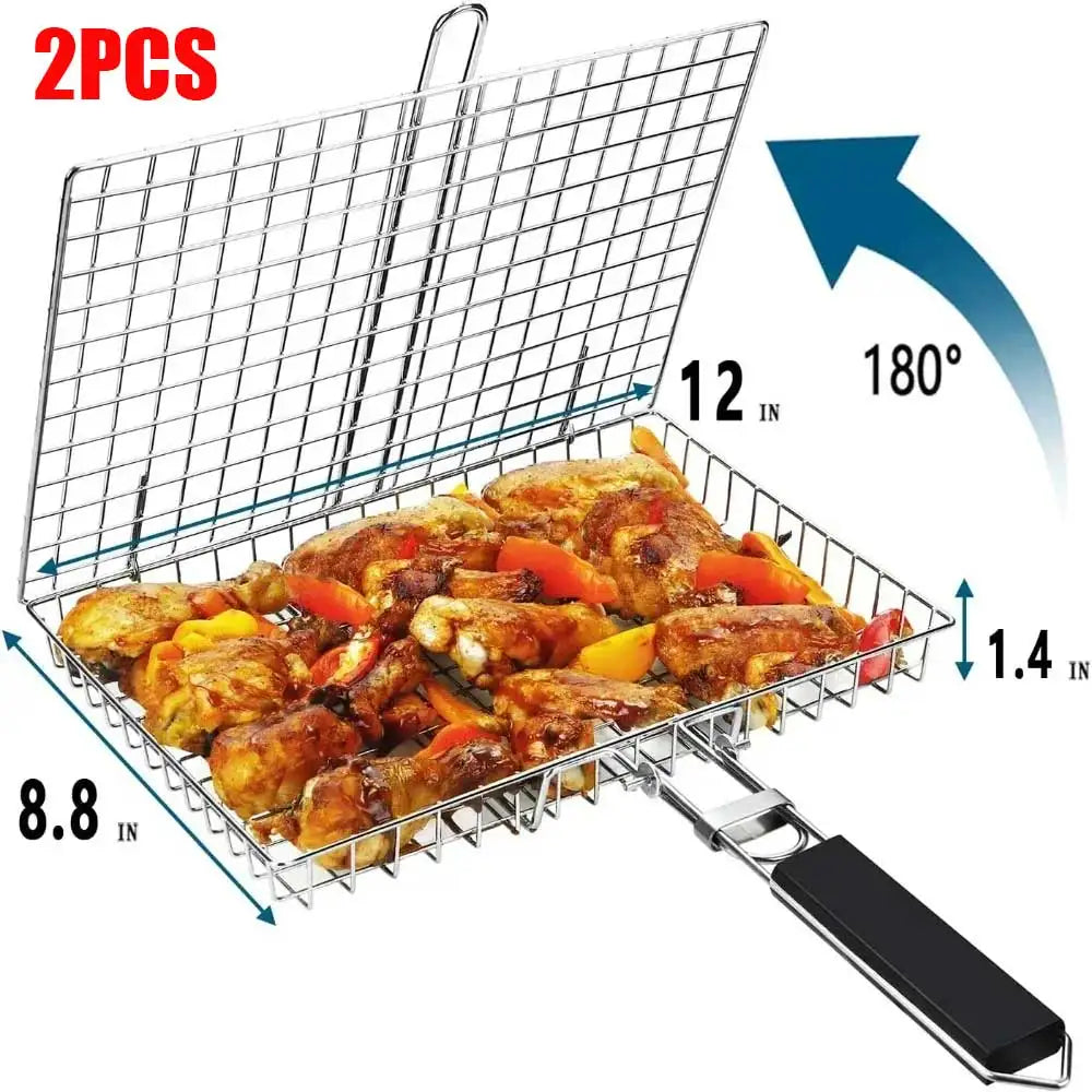 Portable Grill Basket Folding Stainless Steel BBQ Grill Basket with Handle for Fish Vegetables Shrimp Cooking Cookware Tools New