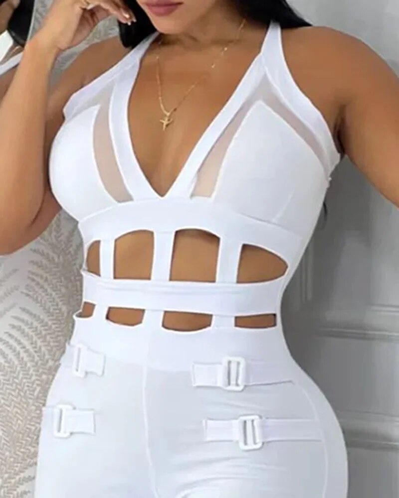 Summer Women Sexy Hollow Out Halter Buckled Contrast Mesh Jumpsuit  Skinny Night Out Chic Sleeveless Office Lady Jumpsuit